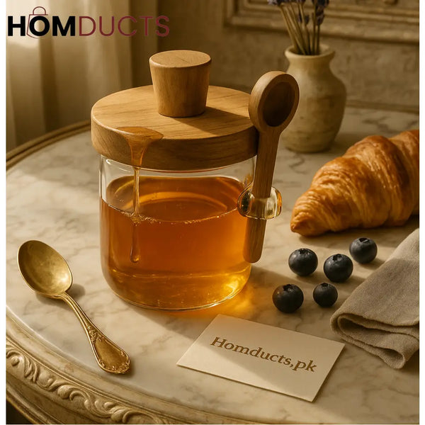 Premium Honey & Spice Glass Jar with Wooden Lid & Spoon (Medium)