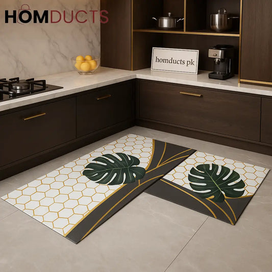 Premium Honeycomb Leaf Kitchen Mat Set – 2 Pcs Non Slip Waterproof & Easy to Clean