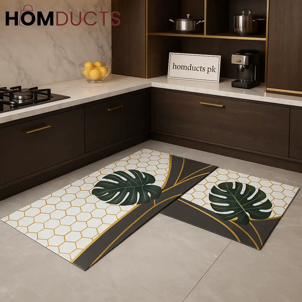 Premium Honeycomb Leaf Kitchen Mat Set – 2 Pcs Non Slip Waterproof & Easy to Clean