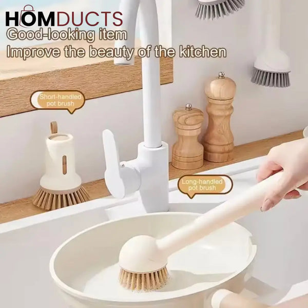 Premium Long-Handled Kitchen Pot Brush – Elegant Wooden & Nylon Bristles