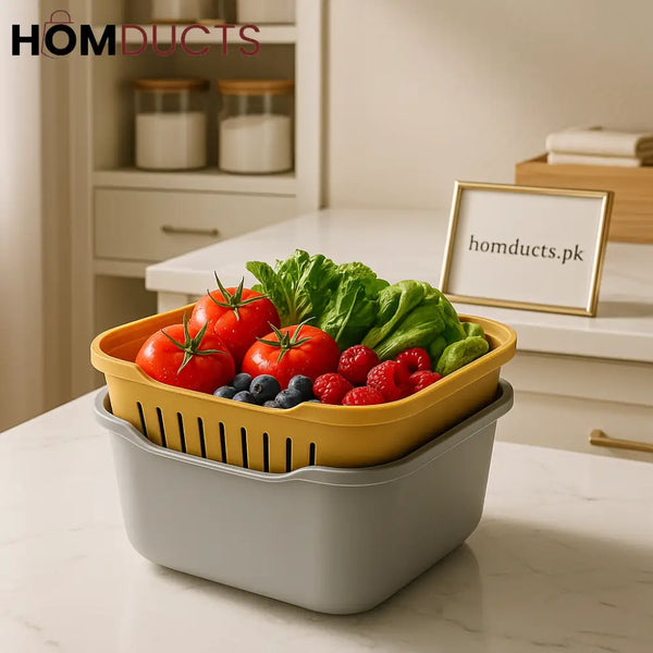Premium Multi-Functional Vegetable & Fruit Storage and Washing Basket – With Lid & Colander