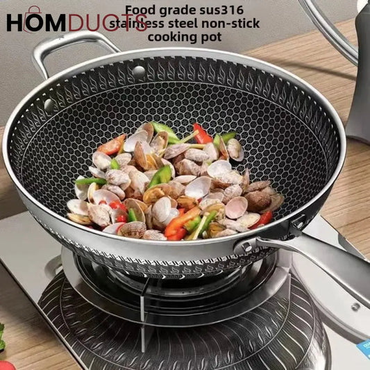 Premium Non-Stick Honeycomb Wok - 316 Stainless Steel Gas & Induction Compatible Cookware