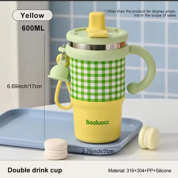 Premium Plaid Garden Thermos Cup – 600ml Double-Wall Insulated