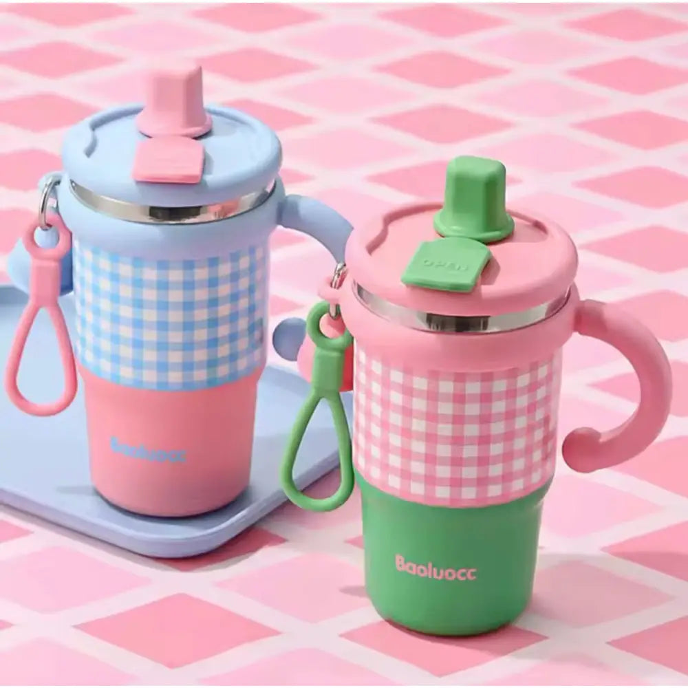 Premium Plaid Garden Thermos Cup – 600ml Double-Wall Insulated