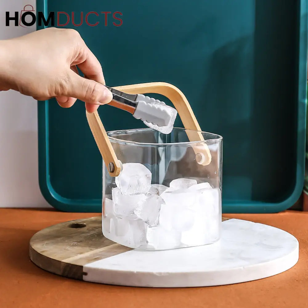Premium Pyrex Square Glass Bucket with Bamboo Handle - Multi-Purpose Ice Bucket Flower Vase or Utensil Holder