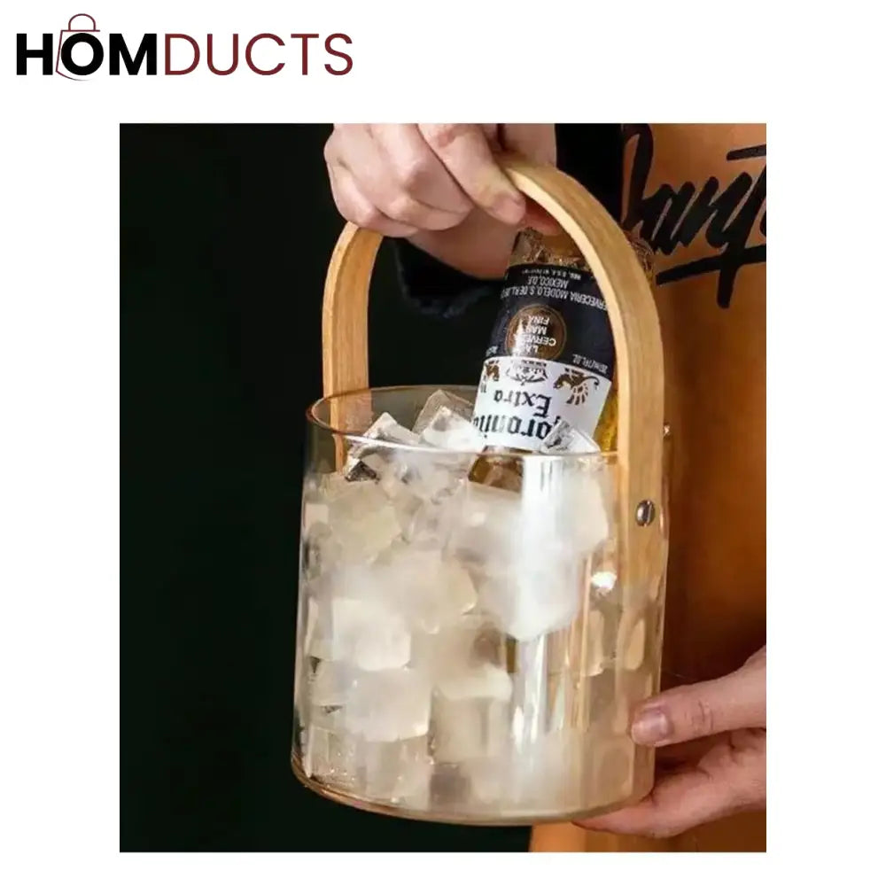 Premium Pyrex Square Glass Bucket with Bamboo Handle - Multi-Purpose Ice Bucket Flower Vase or Utensil Holder