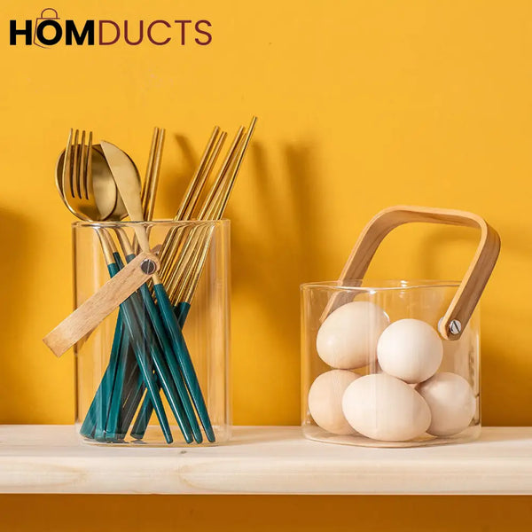 Premium Pyrex Square Glass Bucket with Bamboo Handle - Multi-Purpose Ice Bucket Flower Vase or Utensil Holder