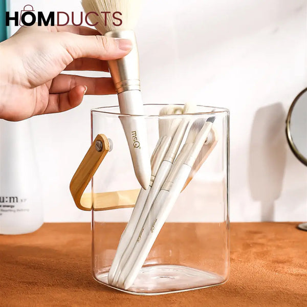 Premium Pyrex Square Glass Bucket with Bamboo Handle - Multi-Purpose Ice Bucket Flower Vase or Utensil Holder