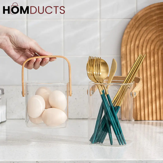 Premium Pyrex Square Glass Bucket with Bamboo Handle - Multi-Purpose Ice Bucket Flower Vase or Utensil Holder