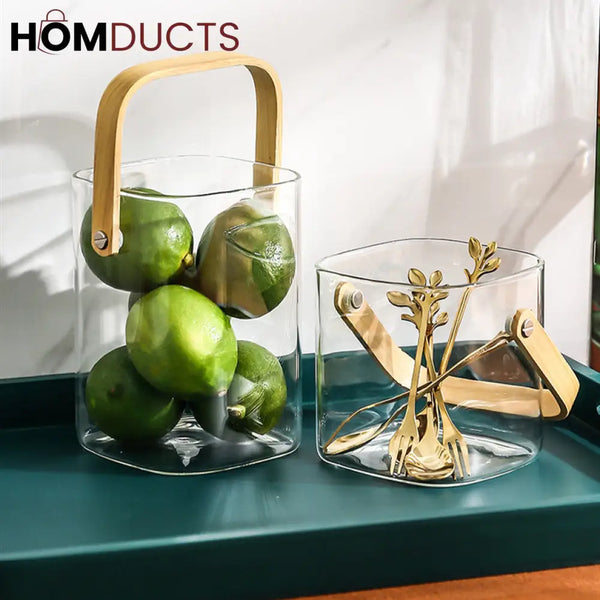 Premium Pyrex Square Glass Bucket with Bamboo Handle - Multi-Purpose Ice Bucket Flower Vase or Utensil Holder