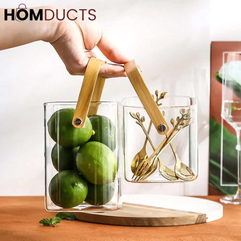 Premium Pyrex Square Glass Bucket with Bamboo Handle - Multi-Purpose Ice Bucket Flower Vase or Utensil Holder