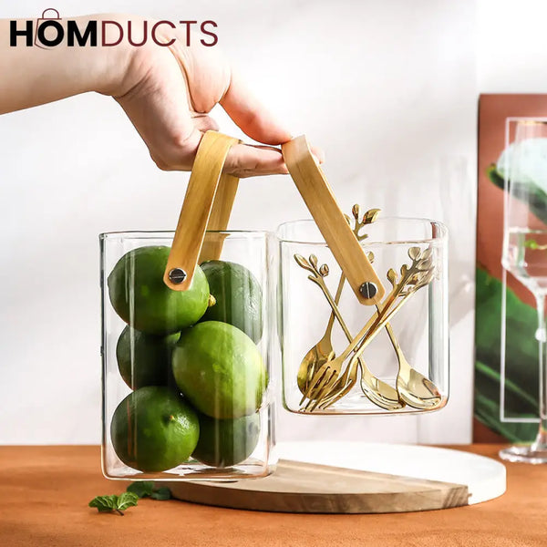 Premium Pyrex Square Glass Bucket with Bamboo Handle - Multi-Purpose Ice Bucket Flower Vase or Utensil Holder