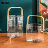 Premium Pyrex Square Glass Bucket with Bamboo Handle - Multi-Purpose Ice Bucket Flower Vase or Utensil Holder