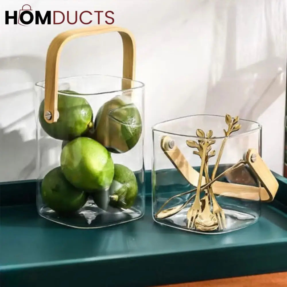 Premium Pyrex Square Glass Bucket with Bamboo Handle - Multi-Purpose Ice Bucket Flower Vase or Utensil Holder