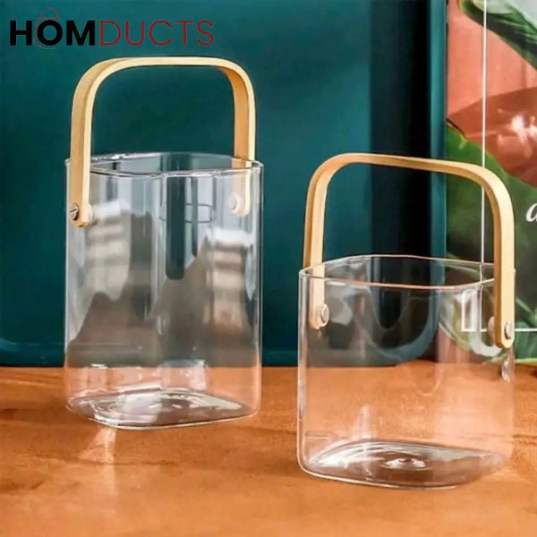 Premium Pyrex Square Glass Bucket with Bamboo Handle - Multi-Purpose Ice Bucket Flower Vase or Utensil Holder