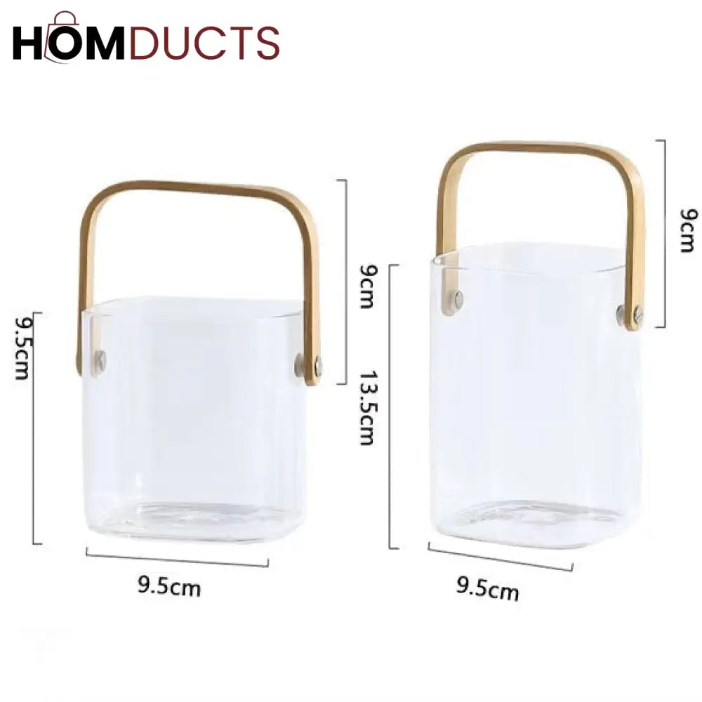 Premium Pyrex Square Glass Bucket with Bamboo Handle - Multi-Purpose Ice Bucket Flower Vase or Utensil Holder