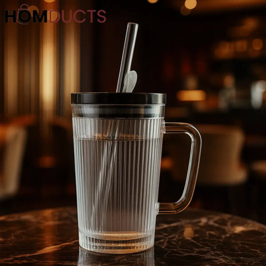 Premium Ribbed Glass Tumbler with Lid & Straw – 500ml | Iced Coffee & Juice Mug