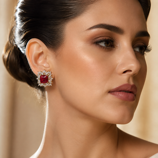 Premium Ruby Red Square Crystal Halo Stud Earrings worn by a female model
