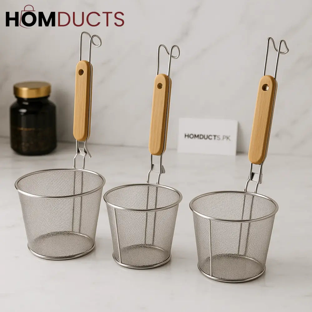 Premium Stainless Steel Deep Fry Baskets Set – 3 Sizes with Wooden Handles