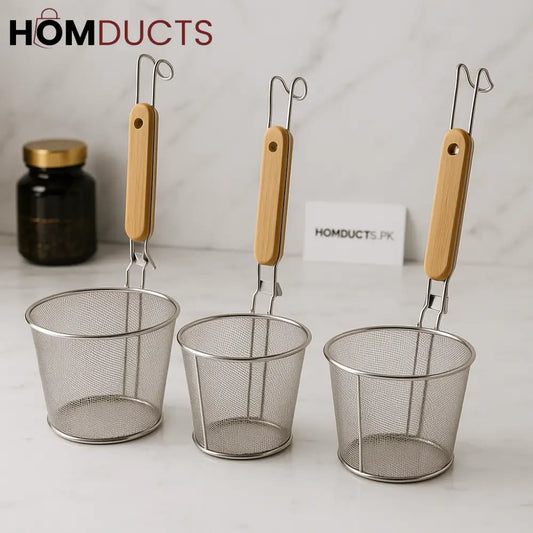 Premium Stainless Steel Deep Fry Baskets Set – 3 Sizes with Wooden Handles