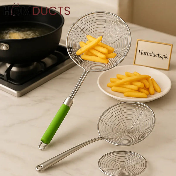 Premium Stainless Steel Frying Skimmer with Silicone Handle – Oil Strainer & Food Lifter