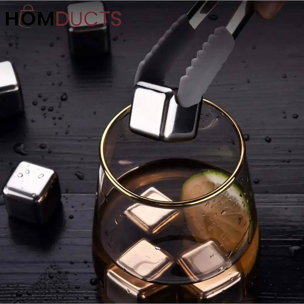 Premium Stainless Steel Reusable Ice Cubes Set – 6 Pieces with Tongs