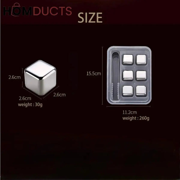 Premium Stainless Steel Reusable Ice Cubes Set – 6 Pieces with Tongs