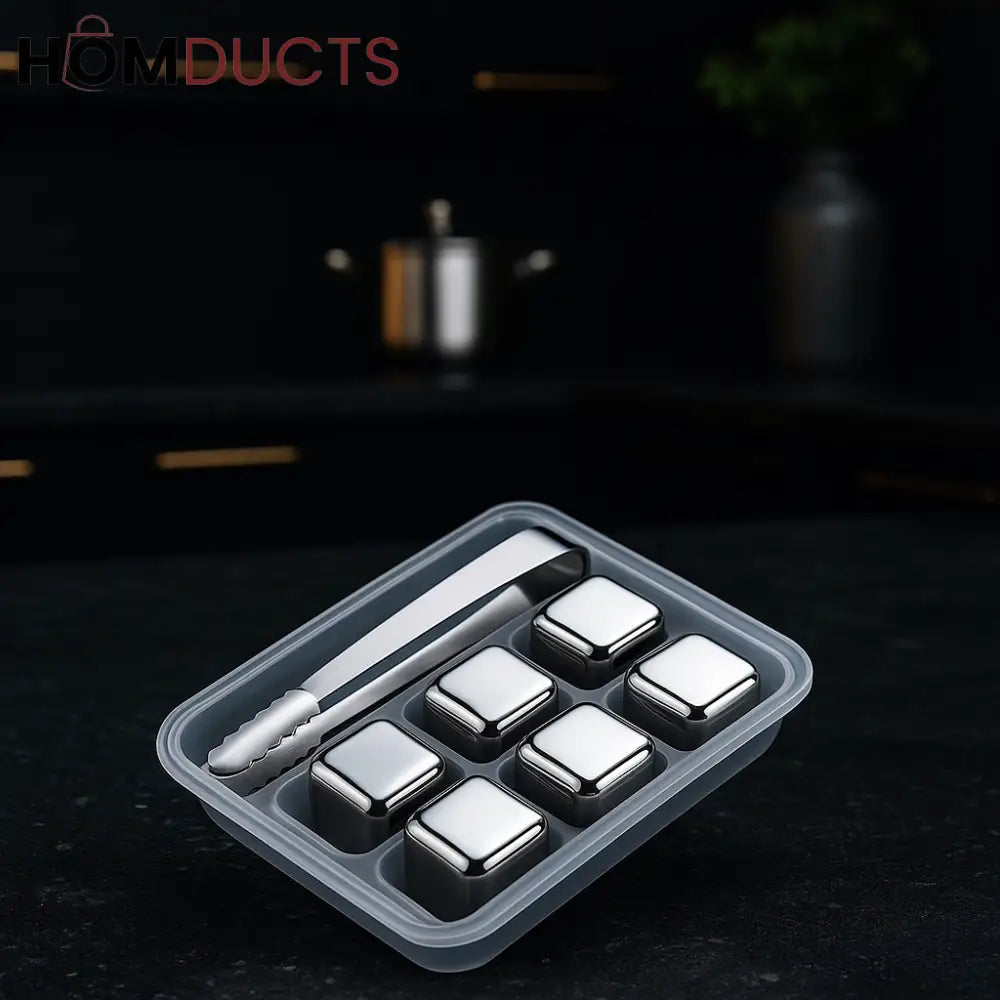 Premium Stainless Steel Reusable Ice Cubes Set – 6 Pieces with Tongs