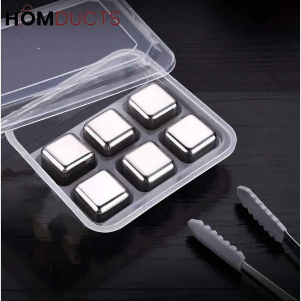 Premium Stainless Steel Reusable Ice Cubes Set – 6 Pieces with Tongs