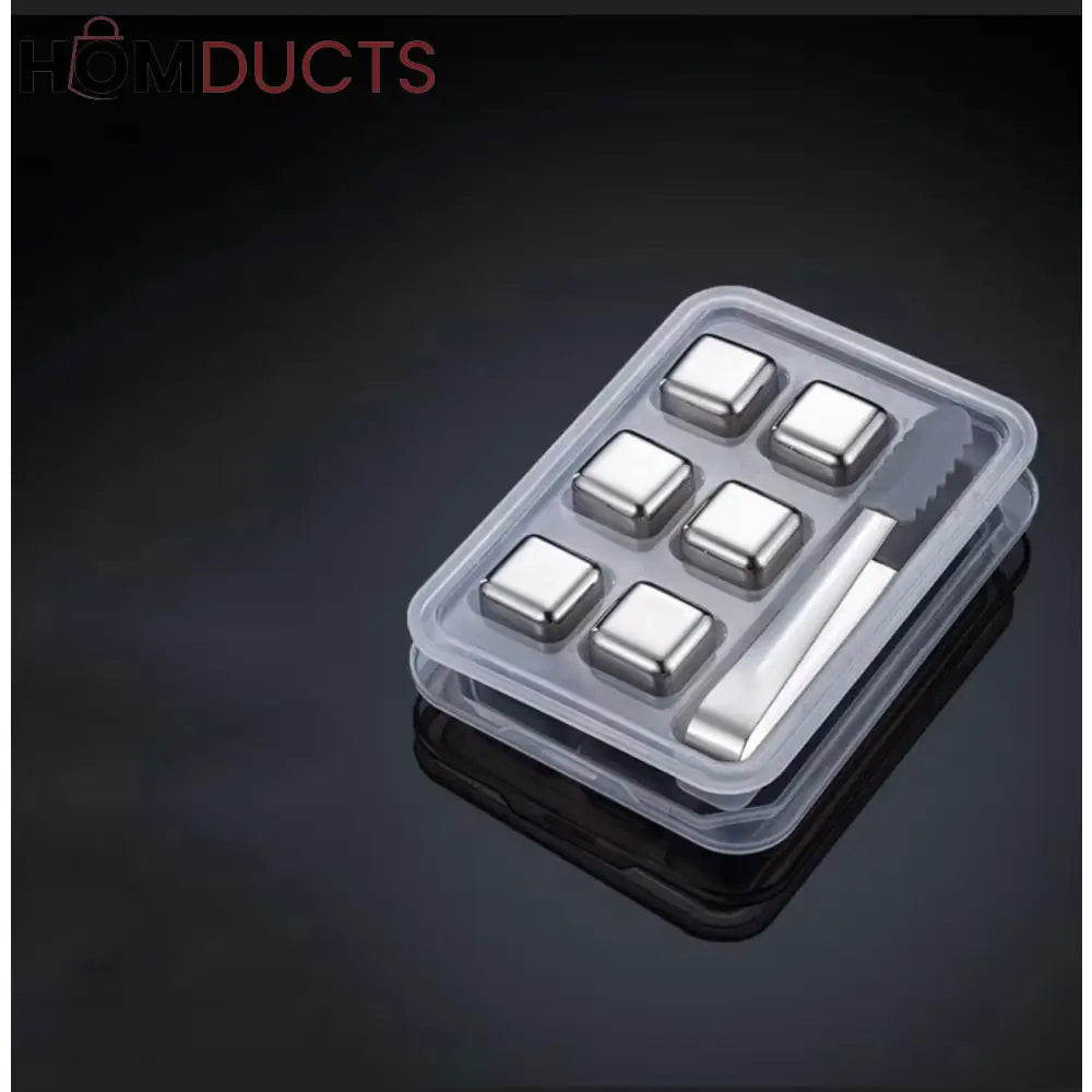 Premium Stainless Steel Reusable Ice Cubes Set – 6 Pieces with Tongs