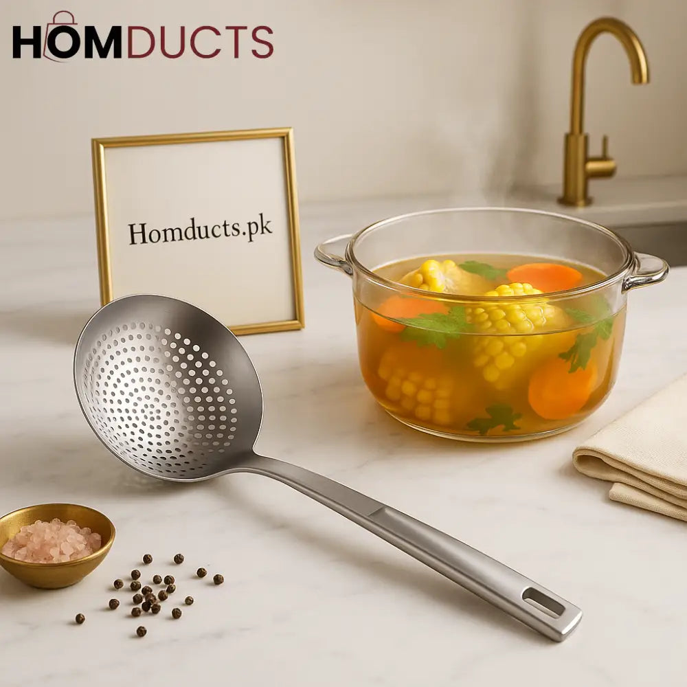 Premium Stainless Steel Skimmer Ladle – Heat-Resistant Deep Strainer Spoon
