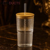 Premium Textured Glass Tumbler with Bamboo Lid & Straw – 500ml