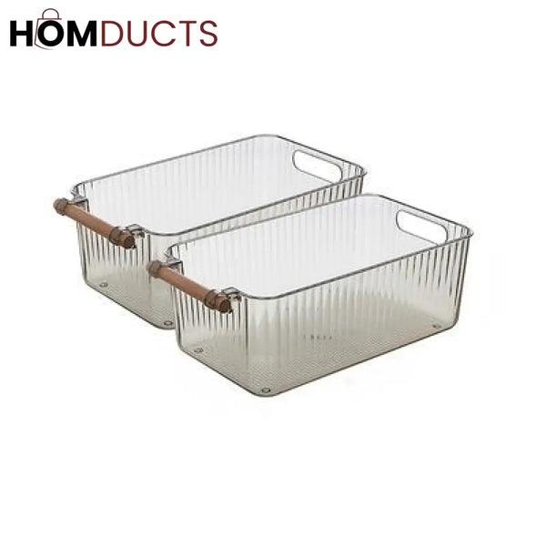 Premium Transparent Storage Basket with Wooden Handles – Multi-Purpose Organizer Bin
