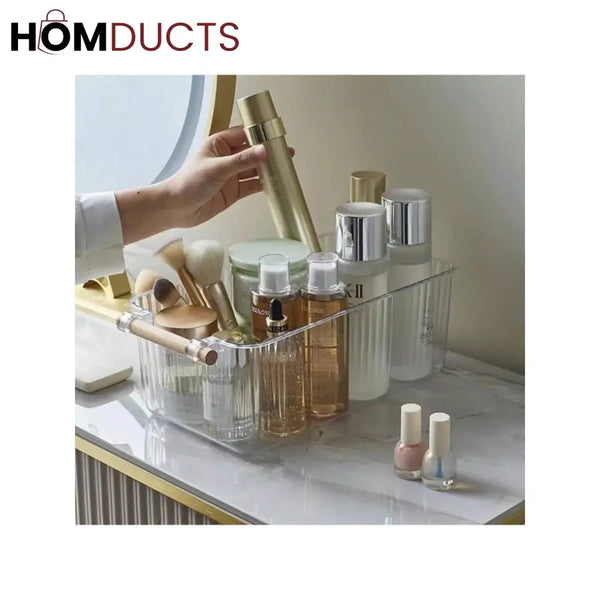 Premium Transparent Storage Basket with Wooden Handles – Multi-Purpose Organizer Bin