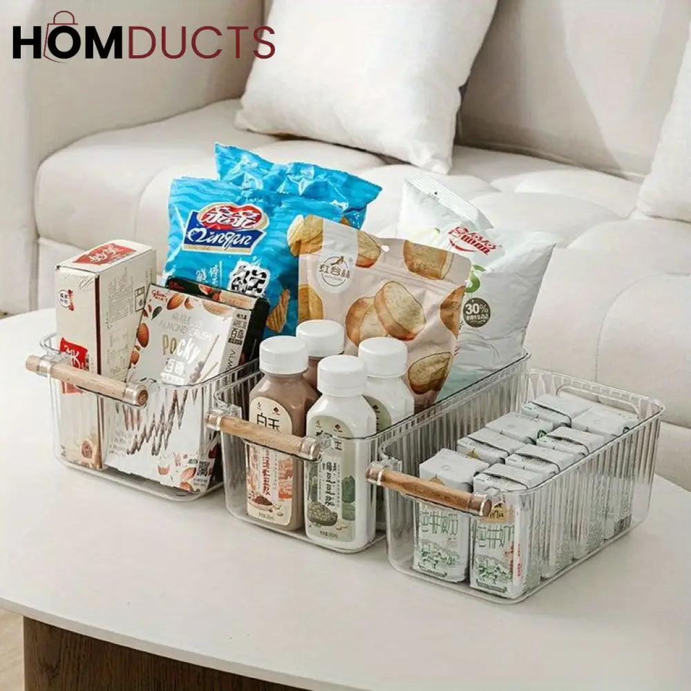 Premium Transparent Storage Basket with Wooden Handles – Multi-Purpose Organizer Bin