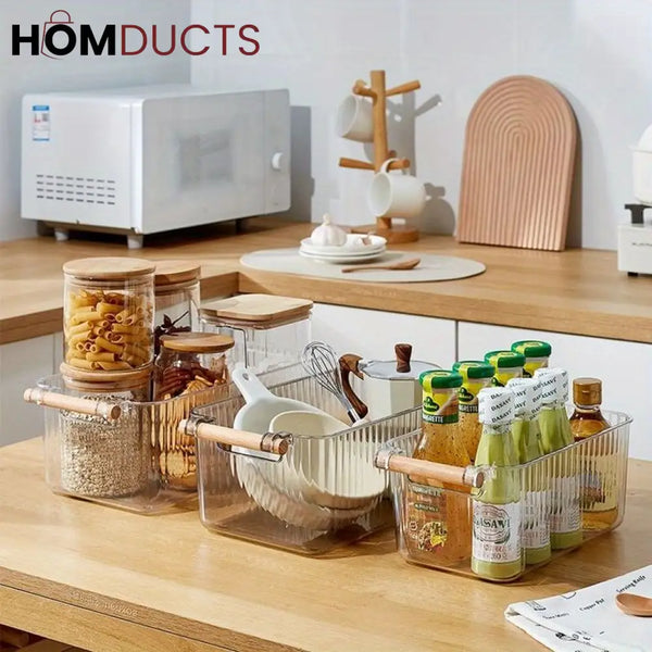 Premium Transparent Storage Basket with Wooden Handles – Multi-Purpose Organizer Bin