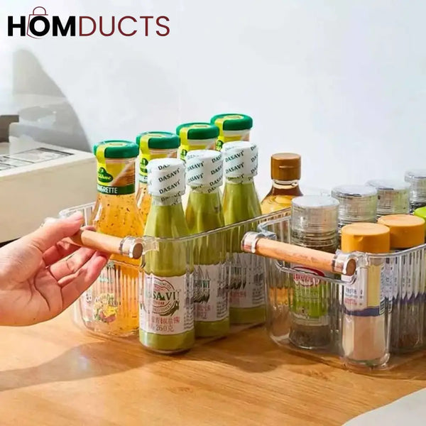 Premium Transparent Storage Basket with Wooden Handles – Multi-Purpose Organizer Bin