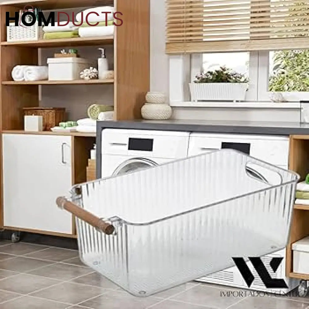 Premium Transparent Storage Basket with Wooden Handles – Multi-Purpose Organizer Bin