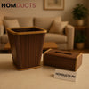 Premium Walnut Wooden Dustbin & Tissue Box Set – Luxury Golden Accents