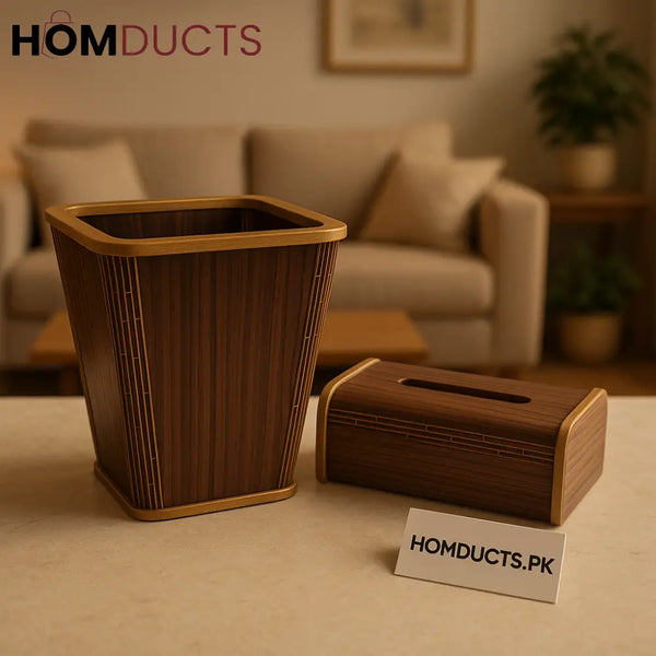 Premium Walnut Wooden Dustbin & Tissue Box Set – Luxury Golden Accents