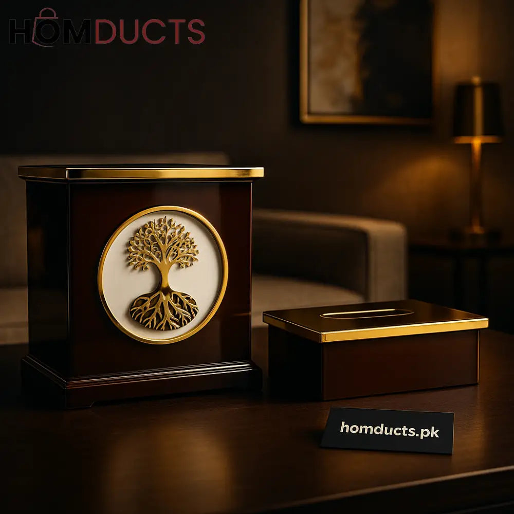 Premium Wooden Tissue Box Set with Golden Tree of Life Design – Homducts