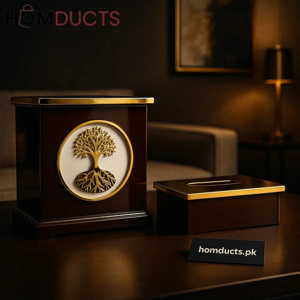 Premium Wooden Tissue Box Set with Golden Tree of Life Design