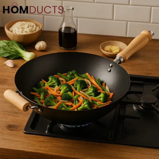Prestige Classic Carbon Steel Wok – Wooden Handle Stir-Fry Pan for Authentic Asian Cooking