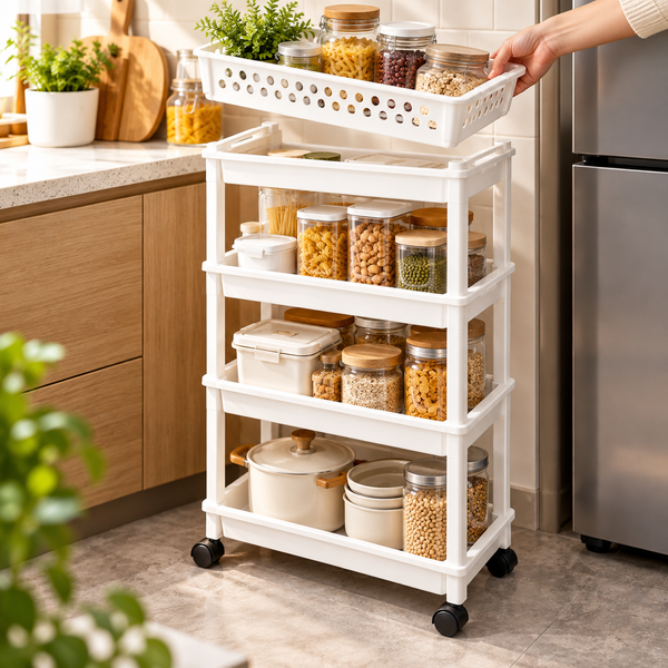 4-Tier Rolling Storage Trolley with Removable Top Basket