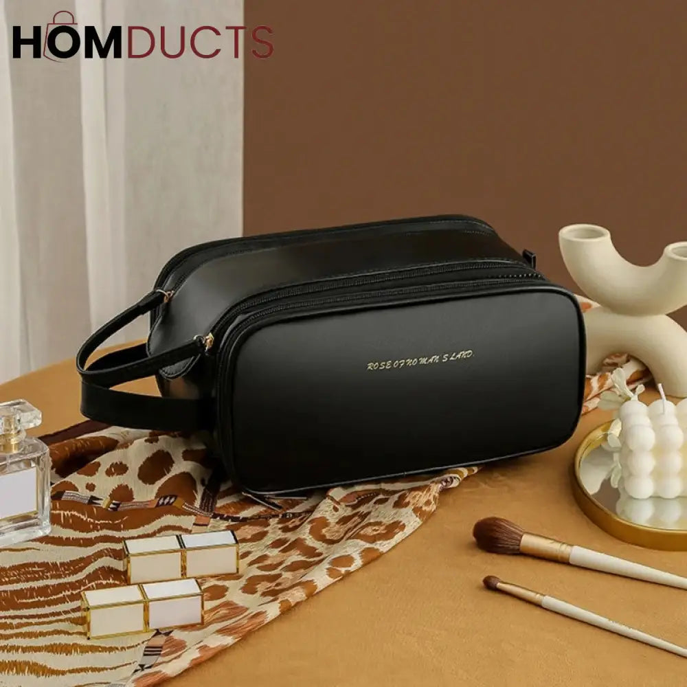 Pu Leather Double Zipper Travel Cosmetic Bag Black