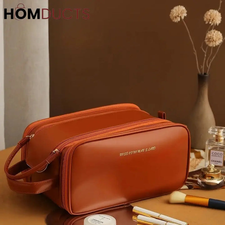 Pu Leather Double Zipper Travel Cosmetic Bag Brown