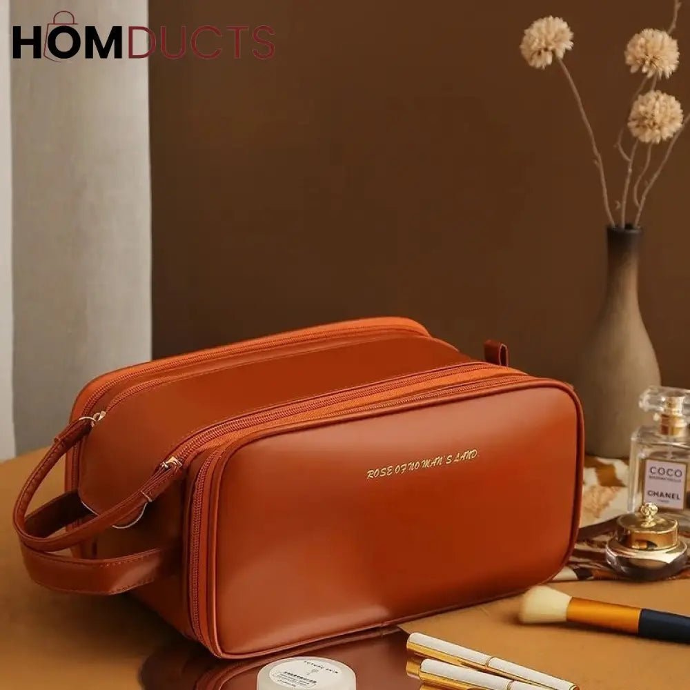 Pu Leather Double Zipper Travel Cosmetic Bag Brown