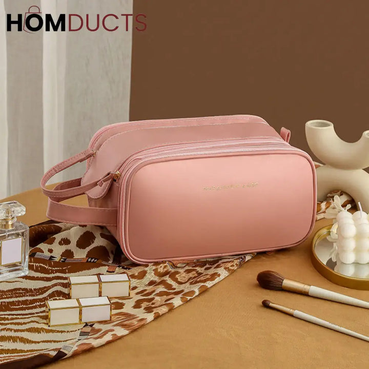Pu Leather Double Zipper Travel Cosmetic Bag Pink