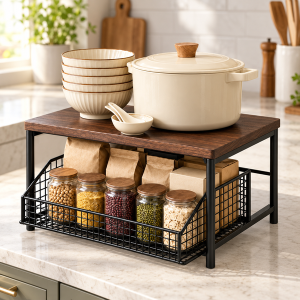 Black with Dark Walnut Top pull-out kitchen organizer