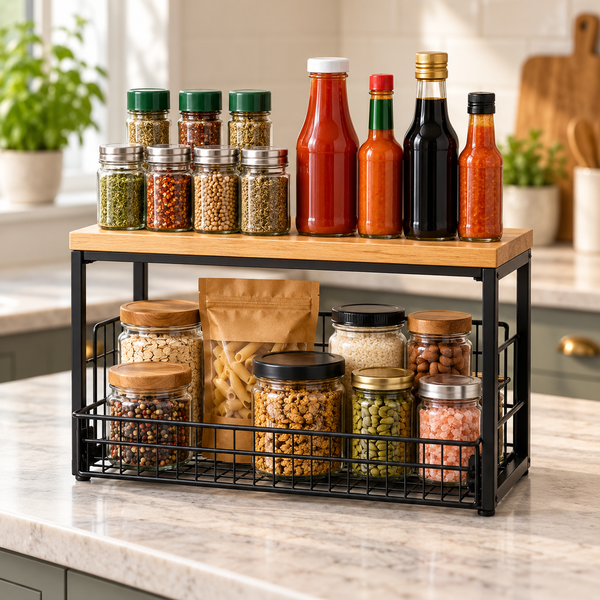 Black with Natural Oak Top pull-out kitchen organizer